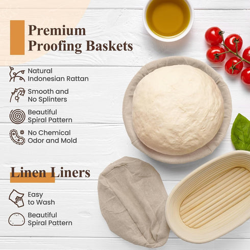 GOKALL Set 9 Inch &10 Set Banneton Bread Proofing Baskets Round Oval sour dough starter kit sourdough proofing basket