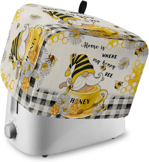Honey Gnomes Toaster Cover, 4 Slice, Spring Floral Yellow Summer Bee Black Plaid, Dust Cover