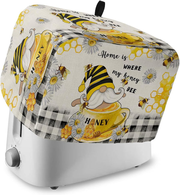 Honey Gnomes Toaster Cover, 4 Slice, Spring Floral Yellow Summer Bee Black Plaid, Dust Cover