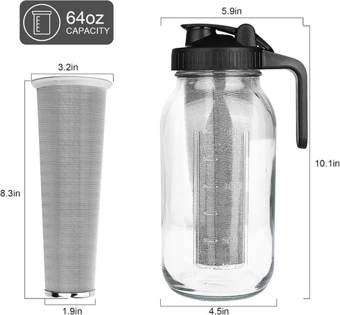 Cold Brew Coffee Maker, 64 oz Wide Mouth Mason Jar Pitcher with Stainless Steel Filter, Airtight & Leak-Proof