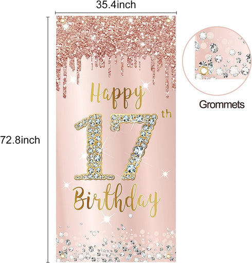 Happy 17th Birthday Door Banner Decorations - Pink Rose Gold 17 Birthday Cover Backdrop Party Supplies