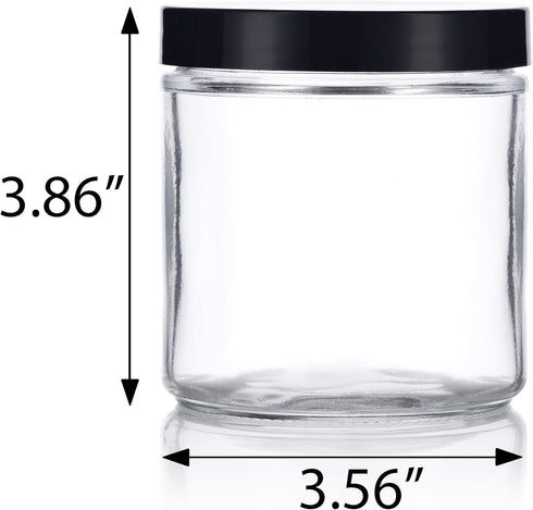 16 oz Large Clear Thick Glass Jar with Black Foam Lined Lid, 4 Pack