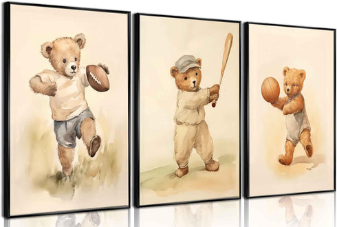 3Pcs Teddy Bear Sports Nursery Animal Canvas Wall Art Cute Woodland Baby Bear Rugby Wall Decor Pictures Football