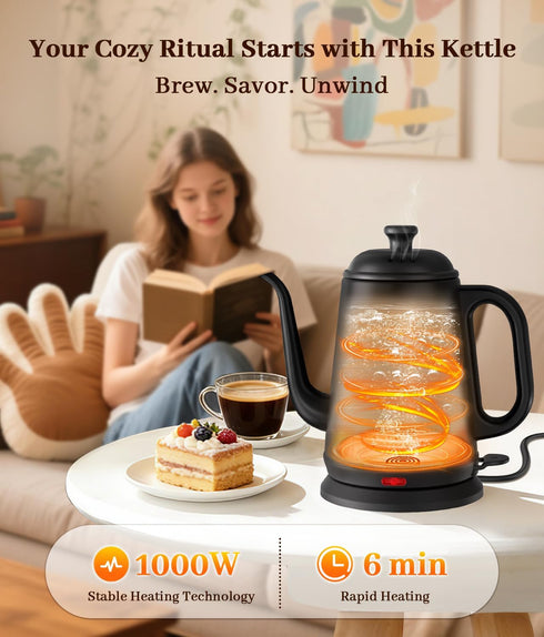 1L, 1000W 304 Gooseneck Electric Kettle Fast Boiling for Pour-Over Coffee & Tea, Stainless Steel BPA-Free, Precise Flow