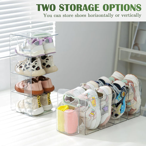 2 Pack 2Pack 4 Closet Upgraded Kids Shoe Rack with Socks Rack, Clear Acrylic Baby Shoe Organizer with Side Anti-Slip