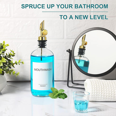 1 Pack, 17oz Mouthwash Dispenser for Bathroom, Glass Mouthwash Dispenser with Cup, Mouth Wash Container Bottle