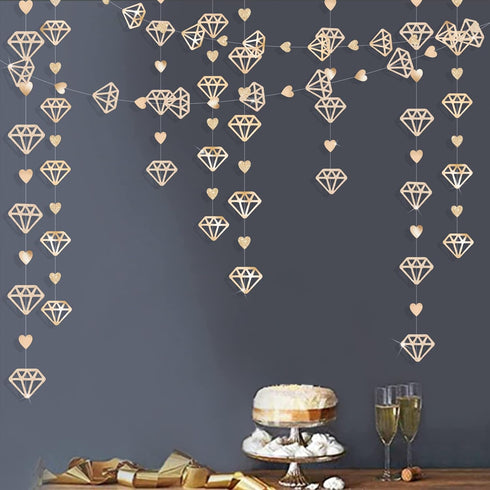 52 Ft Champagne Gold Heart Garland for Valentines Day Party Decorations, Hanging Paper Diamond Streamer Banner
