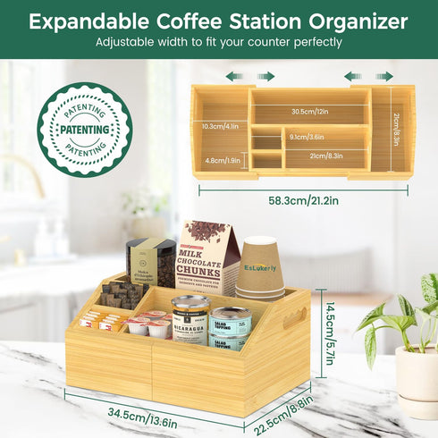 Countertop, EsLuker.ly Coffee Station Organizer Bamboo Extendable Coffee Bar Caddy Condiment Storage, Pods Holder