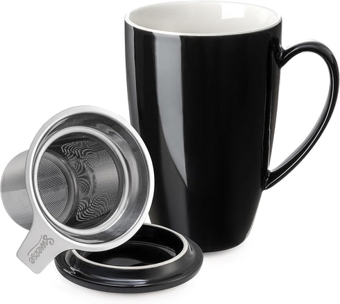 Sweese 15 OZ Porcelain Tea Mug with Infuser and Lid, Black Loose Leaf Tea Cup, Gifts for Tea Lovers