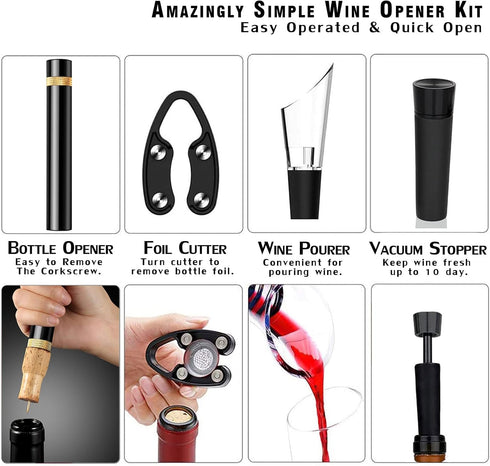 Wine Bottle Opener Set - 4PCS Travel Portable Cork Remover with Aerator, Foil Cutter, Vacuum Stopper for Wine Lovers