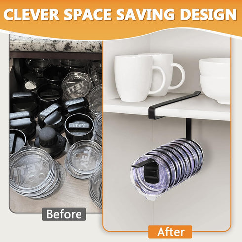 Tumbler Lid Organizer, 2 Pack, Space Saving Cup Lid Holders for Kitchen Storage, Black, Under Cabinet Hanger