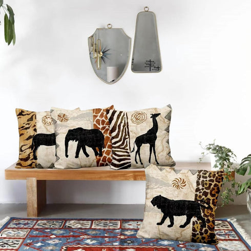 VENUSL Set of 4 Decorative Throw Pillow Covers, African Animals Giraffe, Elephant, Horse, Leopard, 18x18 Inch