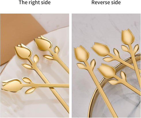 Gold Tulip/Rose Handle Mini Coffee Spoons Set, 12-Pcs Stainless Steel for Espresso, Tea, Dessert - Ideal for Small