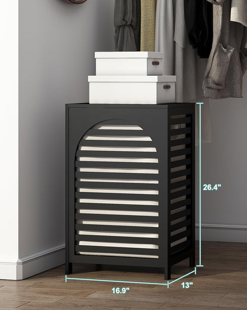 Black Laundry Hamper with Lid, 22.5 Gallon (85L) Bamboo Wood Clothes Basket, Removable Liner and Handles
