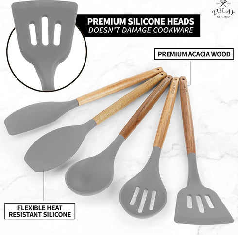 Zulay Kitchen Utensils Set Non-Stick Silicone Cooking Utensils Set with Authentic Acacia Wood Handles - 5 Piece Silicone Utensil Set - Silicone Kitchen Utensils Set with 464°F Heat Resistance - Gray by Zulay Kitchen