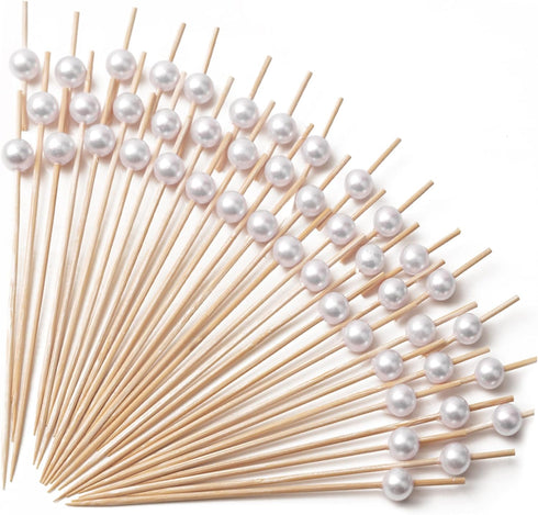PuTwo 300 Counts Cocktail Toothpicks - Handmade Natural Bamboo Skewers for Appetizers, Fruits, Dessert with White Pearls