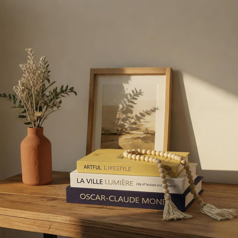 Set 3 Aesthetic Decorative Books for Home Decor w. Wood Bead - of Linen Fake Books for Decoration, Coffee Table Book