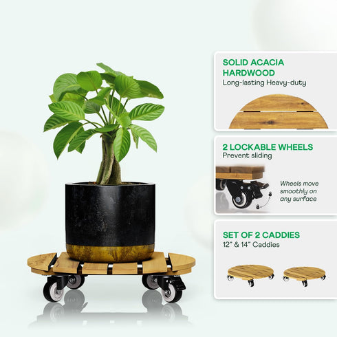 12 Inch 14 Inch 360 264 lbs Idzo Combo and Acacia Wood Rolling Round Planter Caddies for Plant Pots, Heavy Duty Plant