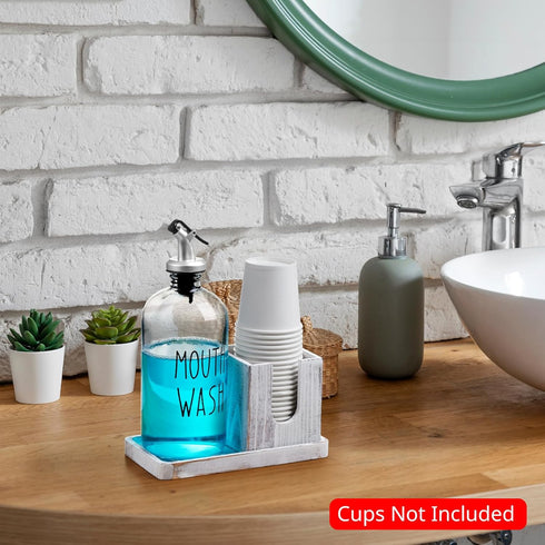 16 OZ Glass Mouthwash Dispenser for Bathroom, Mouthwash Dispenser with Pour Spout and White Washed Wood Cup Holder