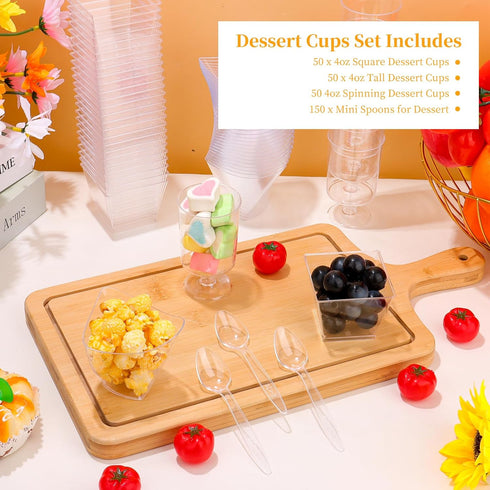 300 Packs 4oz 3 tchrules Dessert Cups with Spoons, Styles Mini Plastic Appetizer Cups, Clear Parfait Cup for Party
