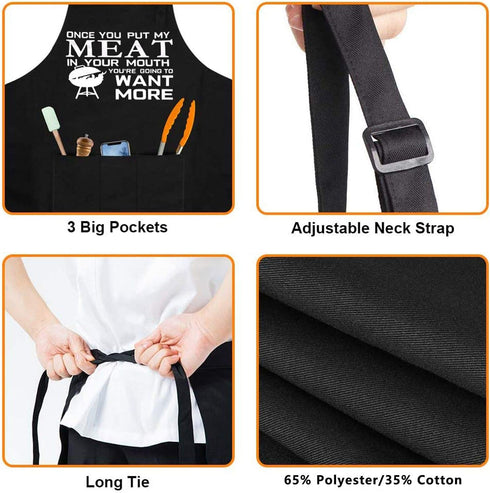 Funny Grilling Apron for Men - Once You Put My Meat - One Size Fits All, Black Chef Kitchen BBQ Apron with 3 Large