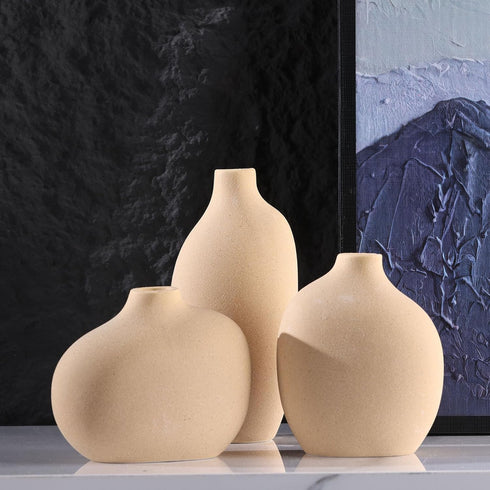 Set 3,Bulk Small Tan Brown Ceramic Vase of Mini Bud Vases for Flowers and Pampas Grass,Cute Boho Ellipse Home Decor