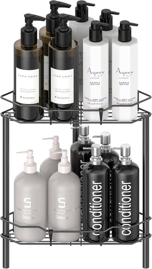 HuggieGems 2 Tier Floor Standing Corner Shower Caddy Organizer Shelf with Hooks, Bathroom