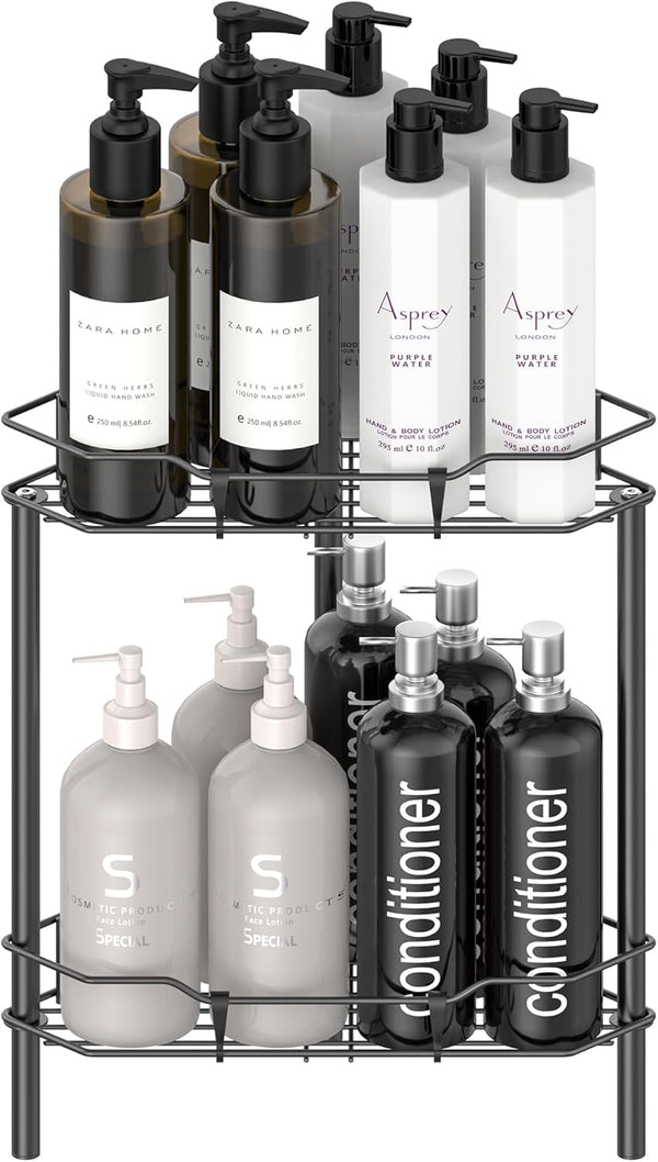 HuggieGems 2 Tier Floor Standing Corner Shower Caddy Organizer Shelf with Hooks, Bathroom