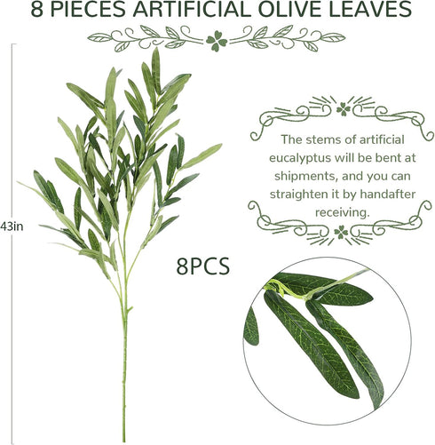 WILLBOND 8 Bundles Faux Olive Branches, 43 Inch Tall Greenery Stems for Vases, Fake Plant for Floral Arrangement