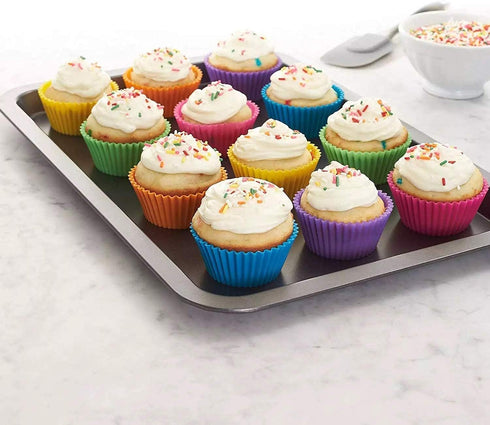 Cupcake Liners - Reusable Silicone Cupcake Baking Cups - Non-Stick Baking Muffins Mold - Use As Lunch Box Dividers - Set of 12 Kitchen Accessories - Great Gift Idea by Vitrix Kitchenware