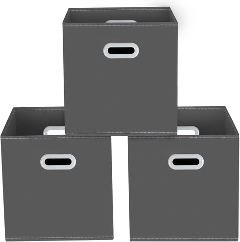 Yunkeeeper Fabric Cube Organizer with Handle, Foldable Storage Bins for Cloth or Accessory, 11x11x11, Set of 3 (Gray)