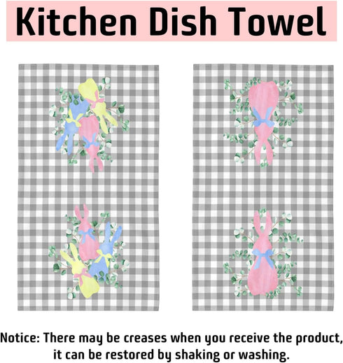 Qilerongrong Set 2 18x26 Inch Bunny Eucalyptus Easter Kitchen Dish Towels, Buffalo Plaid Cute Rabbit Dish Towel