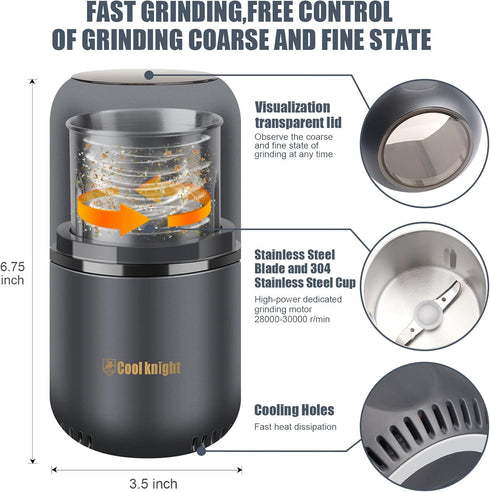 COOL KNIGHT Electric Herb Grinder, Large Capacity Spice and Coffee Grinder with Pollen Catcher, 7.5" Grey