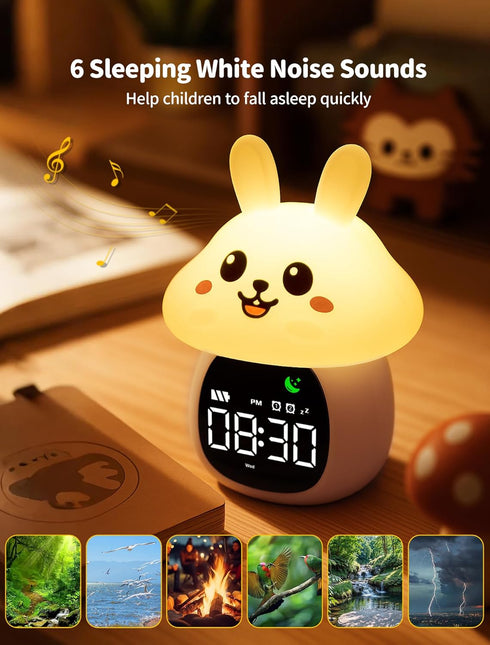 MASHI Mushroom Bunny Alarm Clock, Toddler Sleep Training Clock with Sun & Moon, Sleep Sound Machine, Night Lights