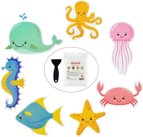Non Slip Bathtub Stickers, 14 PCS Large Sea Adhesive Anti Slip Decal Treads for Shower and Bath Tub with Premium Scraper