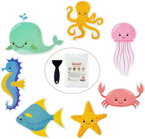 Non Slip Bathtub Stickers, 14 PCS Large Sea Adhesive Anti Slip Decal Treads for Shower and Bath Tub with Premium Scraper
