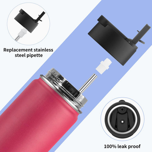koodee 12 oz Water Bottle with Straw, Stainless Steel Double Wall Vacuum Insulated Flask for Girls and Boys (Pink Red)
