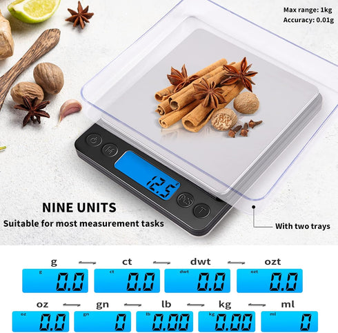 MEIYA Small Digital Gram Scale 1000g by 0.01g, High Accuracy Kitchen Scale for Cooking, Baking, USB Charging