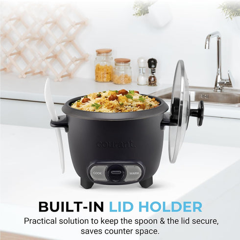 8-Cup Courant Rice Cooker (Cooked), Removable Non-Stick Bowl, One Touch Rice Cooker, Black