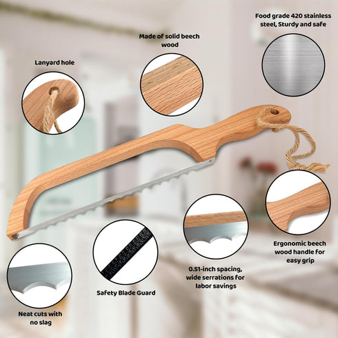 Bread Slicer for Homemade Bread, 16" Wooden Sourdough Bread Knife with Bow Design, Premium Stainless Steel Serrated Saw