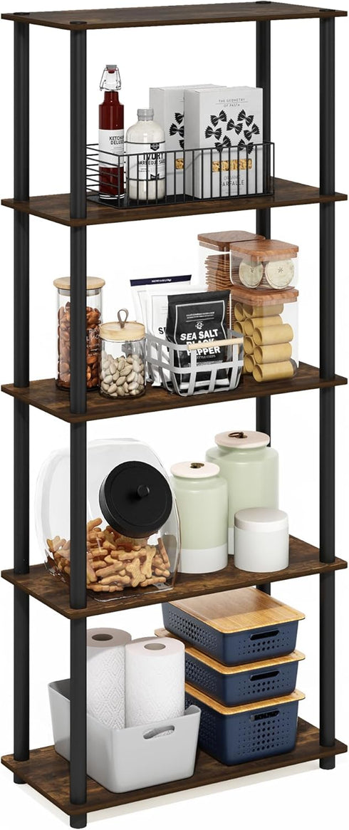 Furinno Turn-N-Tube 5-Tier Shelf Display Rack, Multipurpose, Amber Pine/Black