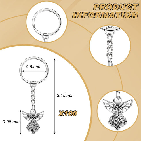 Taiyin 100 Pcs Guardian Angel Keychain - Silver Angel Charm Key Ring Pendant for Women Girls Funeral Party Gifts