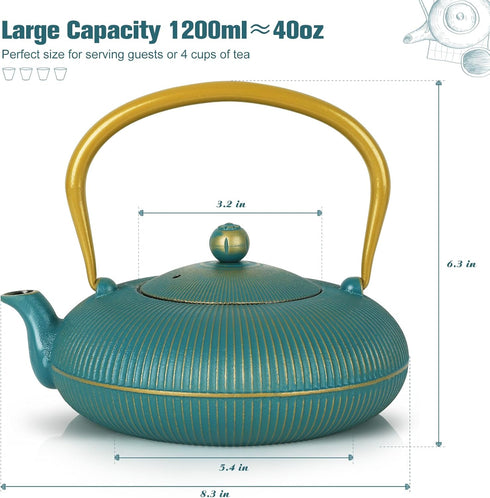 Green Cast Iron Teapot, Large Capacity 40oz/1200ml with Infuser for Loose Leaf, Stovetop Safe