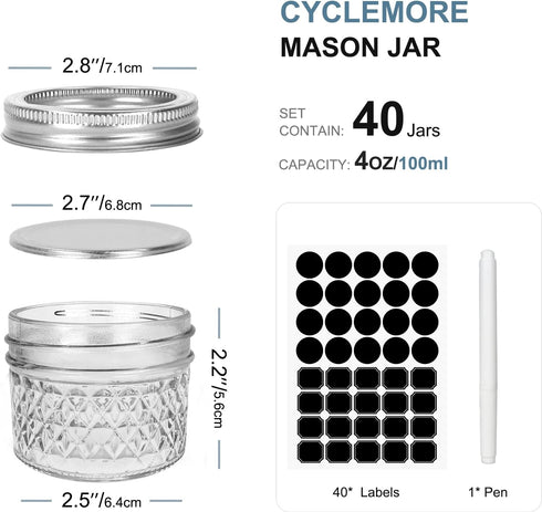 CycleMore 40 Pcs 4oz Clear Glass Mini Mason Jars with Silver Lids, Small Spice Canning Jars for Honey, Jam, Wedding