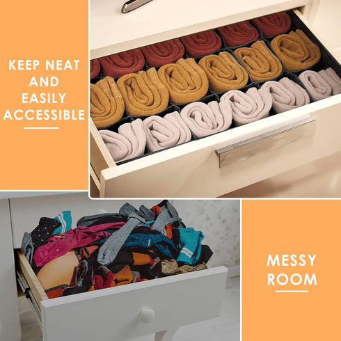 Criusia 3 Pack Closet Organizer Dividers, 64 Cell Fabric Foldable Storage Boxes for Socks, Underwear, Ties, Black