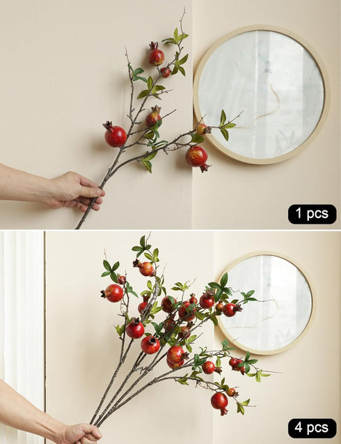 Forlaoers 4pcs 31" Tall Red Berries Pomegranate Faux Plants Stem Fake Tree Branches with Fruits Leaves Artificial