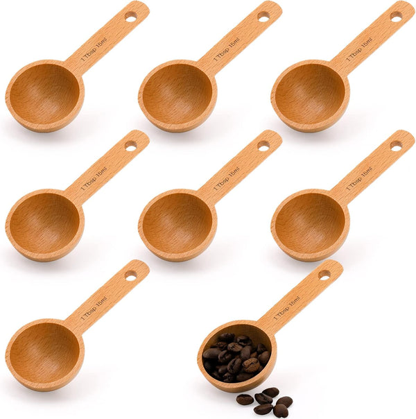 Tebery 8 Pack Wood Measuring Scoops for Canister, 1 Tablespoon Beech Coffee Scoop for Coffee Beans, Ground Coffee,