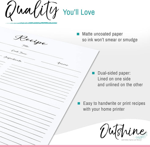 Outshine Premium Recipe Paper for 8.5" x 11" Recipe Binders, Farmhouse Design (50 Sheets) | Full Size Recipe Refill