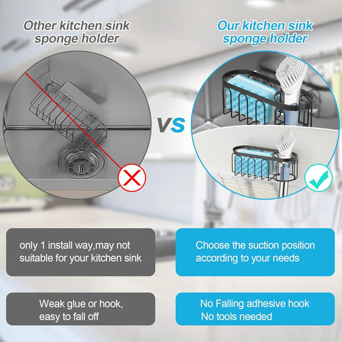 Yazoni 2-in-1 Sponge Holder for Kitchen Sink, Suction Cup Rack, Rustproof Organizer for Dishwashing Brush & Soap (Black)