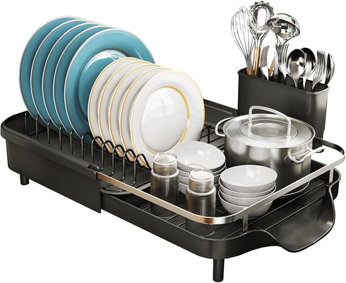 Dish Drying Rack - Expandable Stainless Steel Dish Rack with Drainboard Set and Utensil Holder, Black